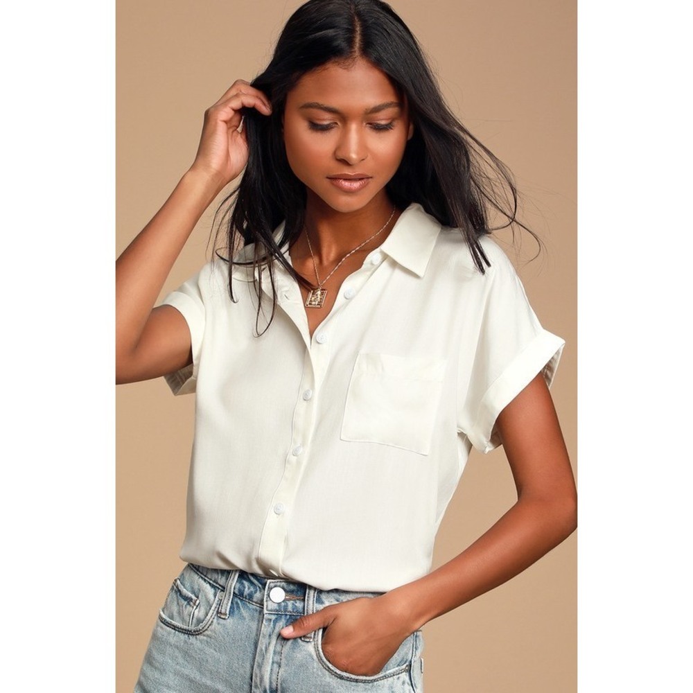 Lulus Blythe White Short Sleeve Button-up Top - Size M